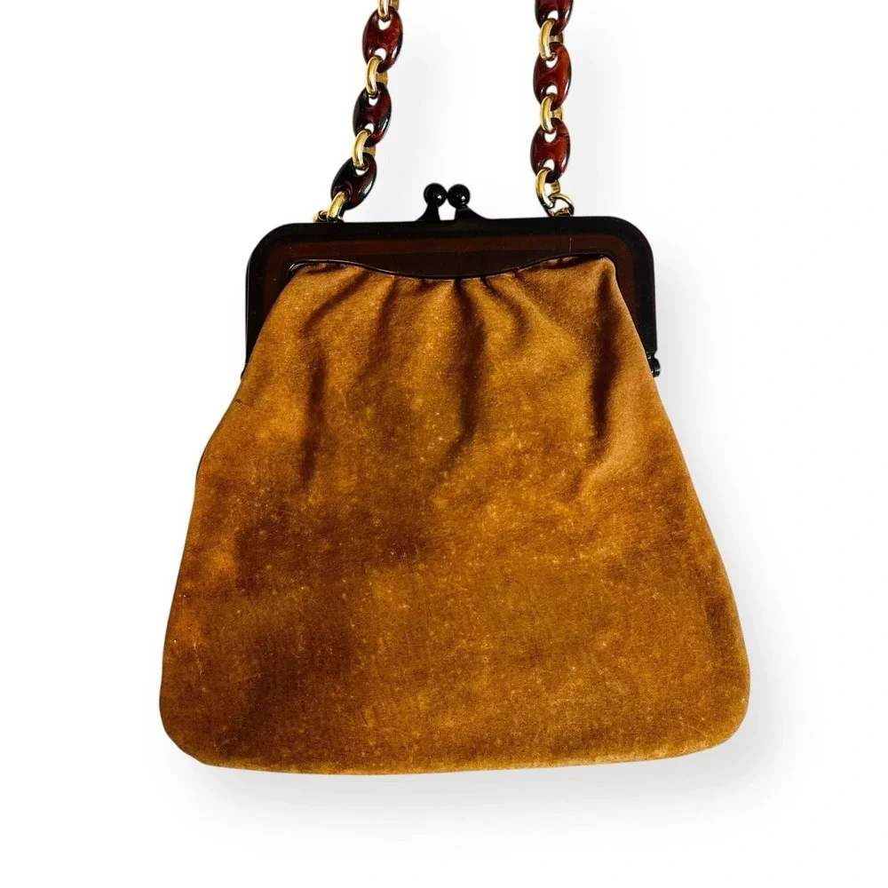 Vintage Saks Fifth Avenue Suede‎ Satchel Shoulder Bag Brown Lucite Strap